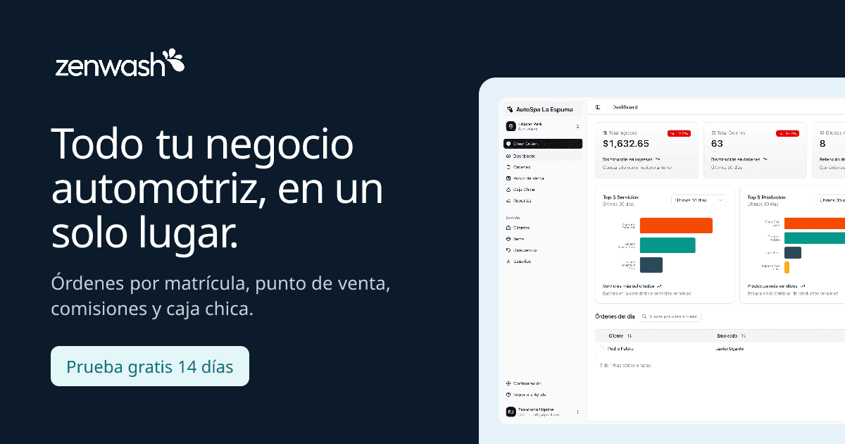 Panel de ZenWash con ingresos, órdenes y servicios más vendidos